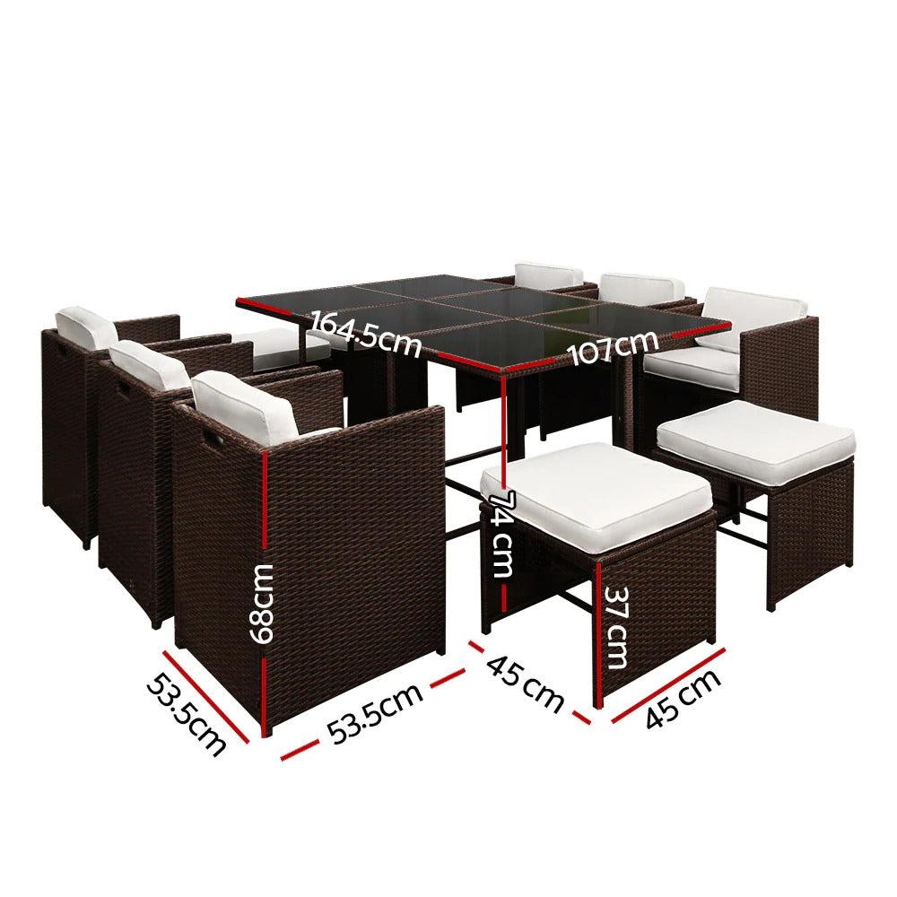 Caribbean 11 Piece Outdoor Dining Set - Brown with White Seat Cushions