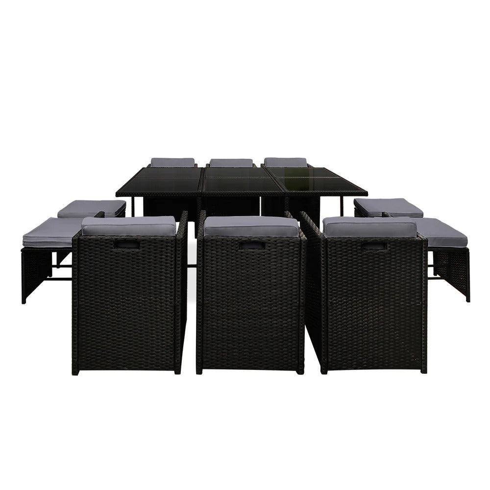 Caribbean 11 Piece Outdoor Dining Set - Black with Grey Seat Cushions