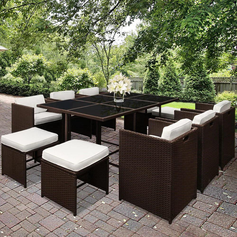 Caribbean 11 Piece Outdoor Dining Set - Brown with White Seat Cushions