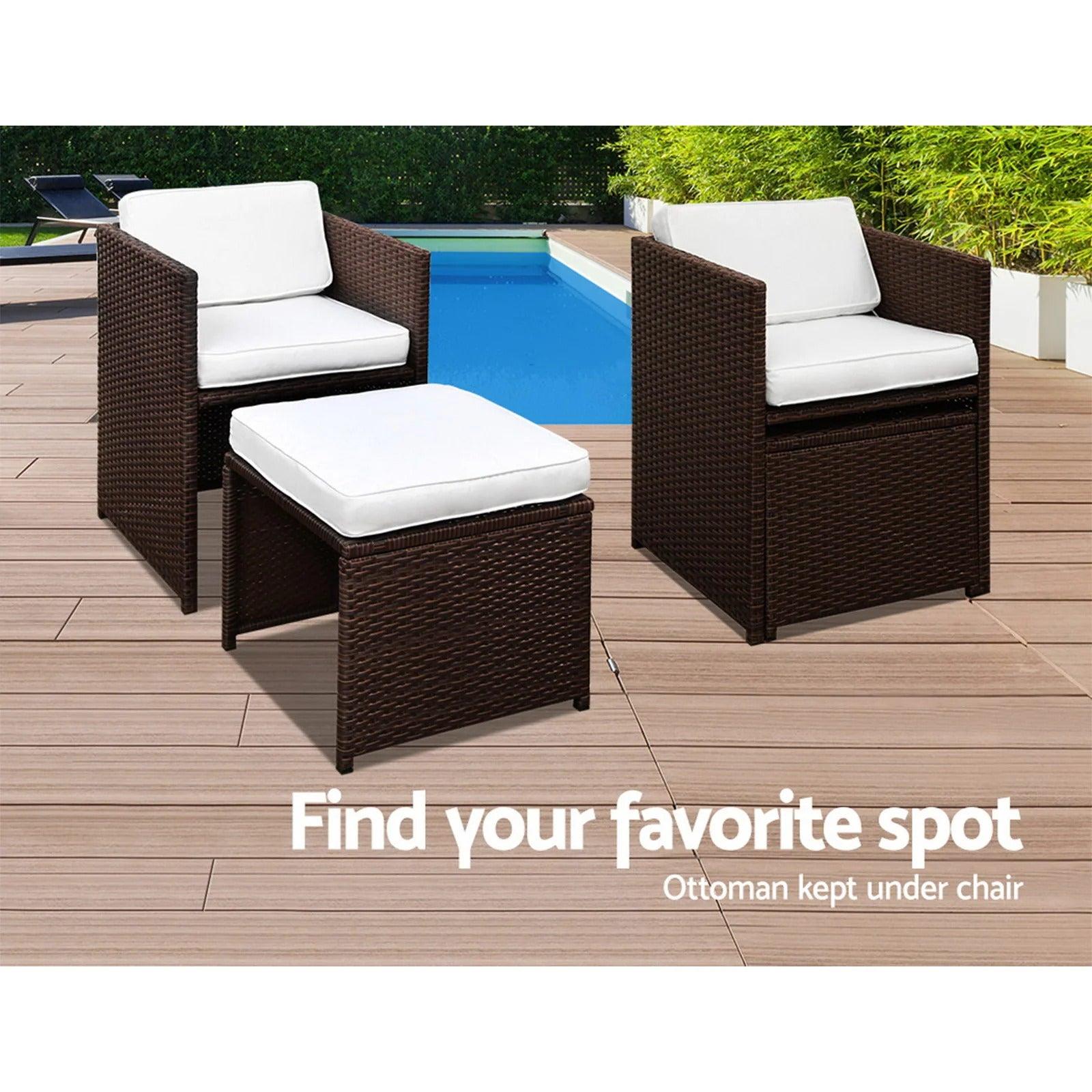 Caribbean 11 Piece Outdoor Dining Set - Brown with White Seat Cushions