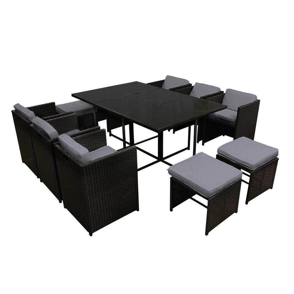 Caribbean 11 Piece Outdoor Dining Set - Black with Grey Seat Cushions