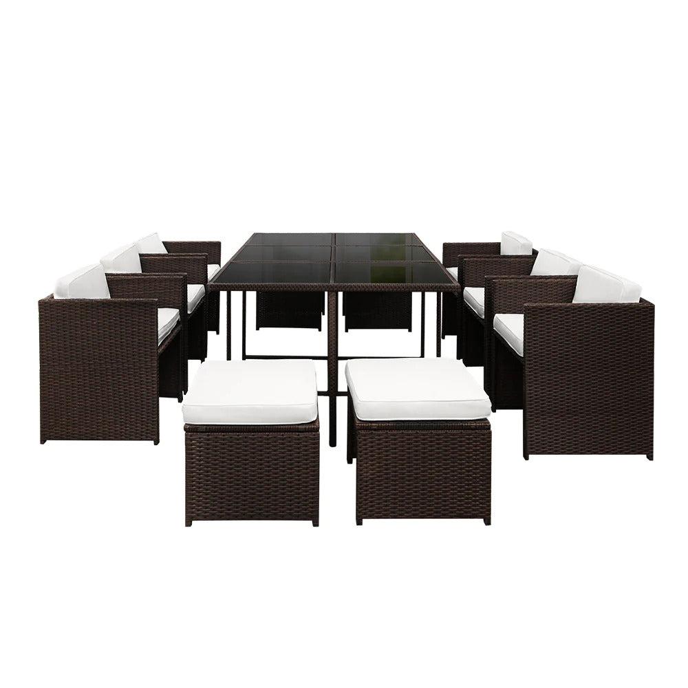 Caribbean 11 Piece Outdoor Dining Set - Brown with White Seat Cushions