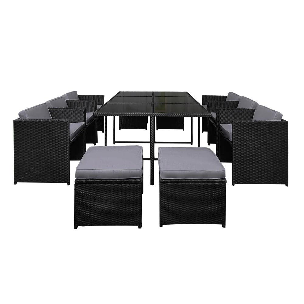 Caribbean 11 Piece Outdoor Dining Set - Black with Grey Seat Cushions