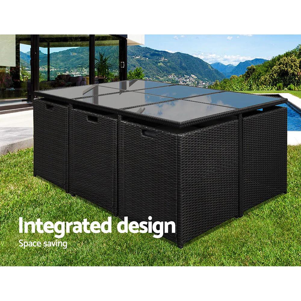 Caribbean 11 Piece Outdoor Dining Set - Black with Grey Seat Cushions